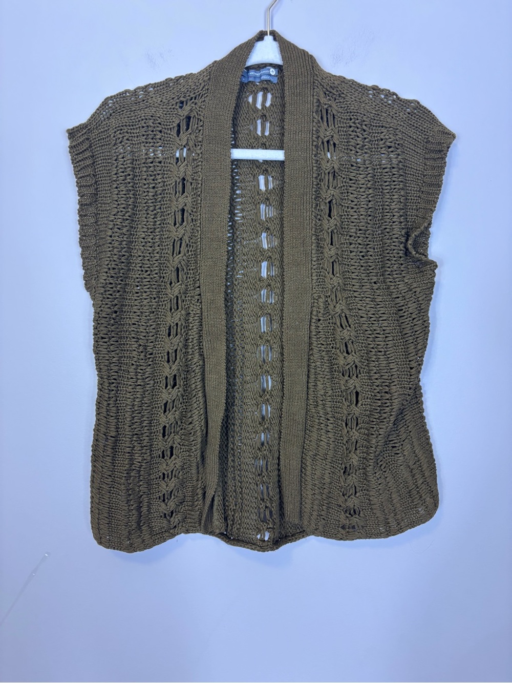 Anthropologie Olive Open-Knit Sleeveless Open Cardigan Sweater Vest Small